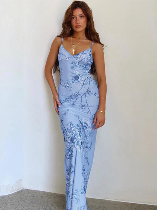 Long Spaghetti Strap Slim Bodycon Backless Nightclub Sexy Summer Maxi Dress