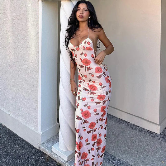 Floral Print Slim Maxi Vacation Dress Red / S vacationdress-250223