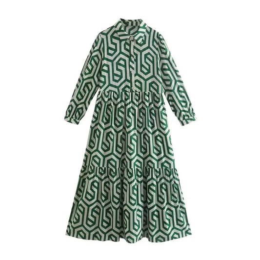 FashionSierra - 2025 Vintage Print Turn-down Collar Long Sleeve Maxi Boho Dress