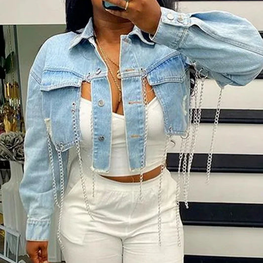 Short Jacket Top Long Sleeve Halter Chain Summer 2025 Streetwear Light Blue Ripped Denim Coat