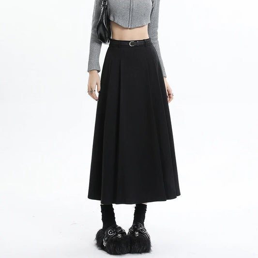 Woolen Pleated Womens 2025 New Autumn Winter Wool High Waist Ladies Elegant A-line Long Skirt