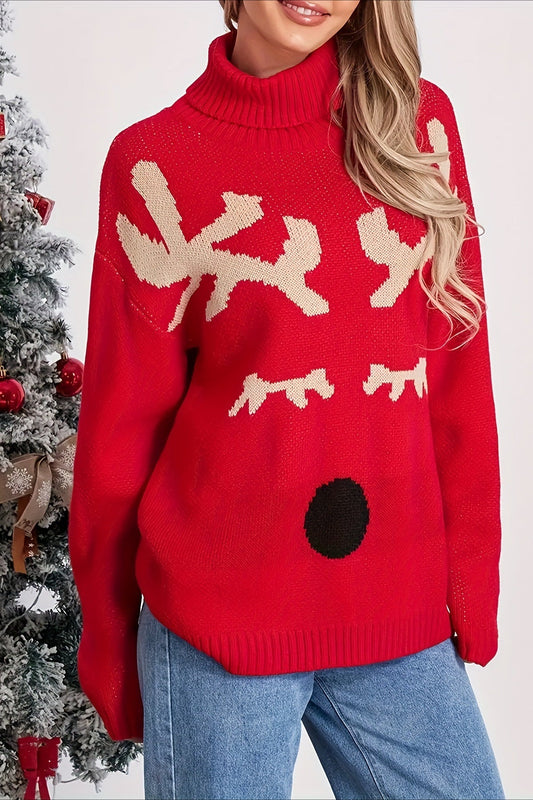Christmas Cozy Turtleneck Moose Print Color Block Sweater