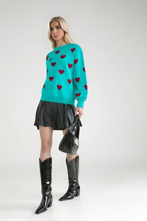 Round Neck Heart Knit Sweater