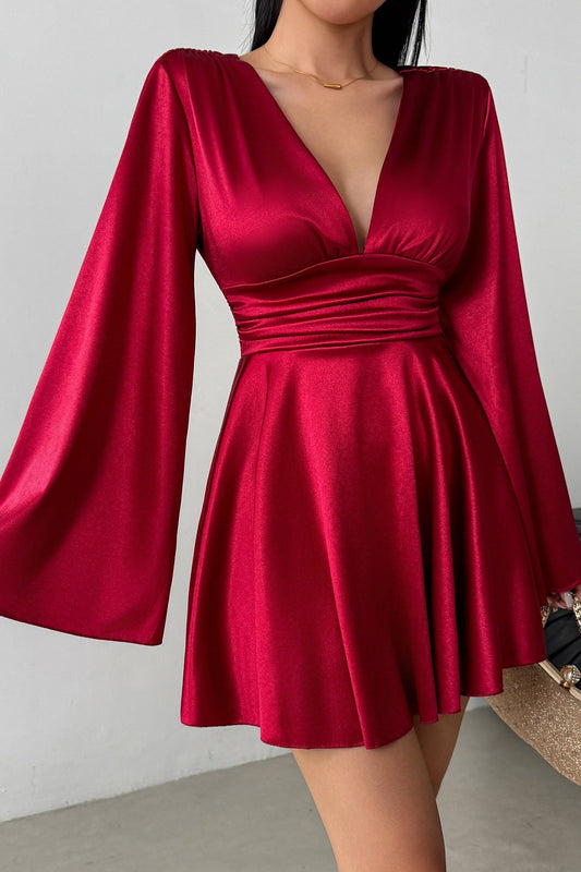 Solid V-neck Bow Snug Long-Sleeve Mini Dress