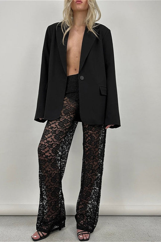 Lace Cutout Paneled High-Rise Straight Pants