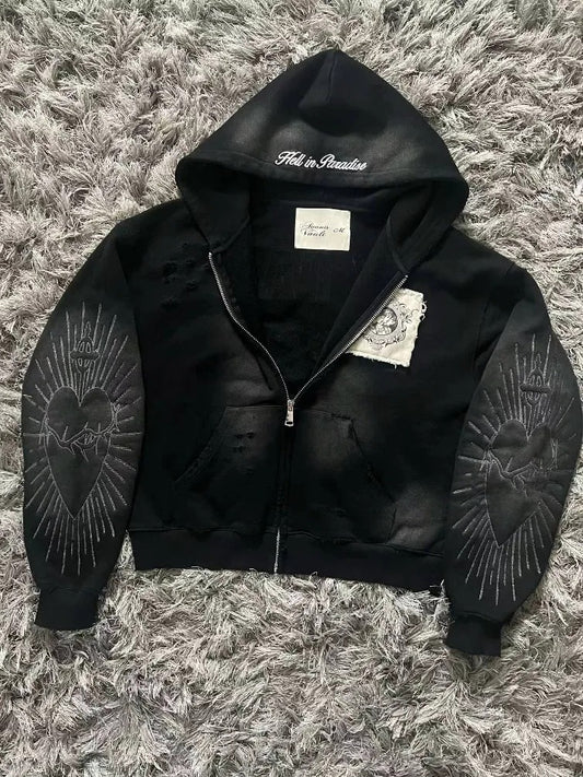 Embroidered Patch Zip Up Hoodie