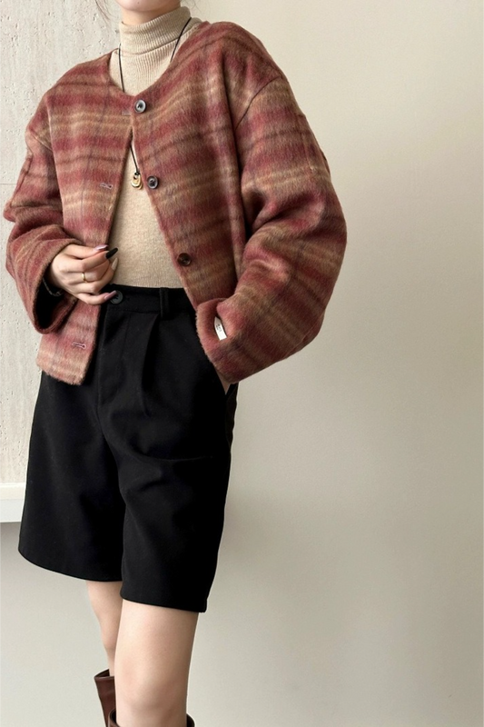 Plaid Crew Neck Single Breasted Drop Shoulder Wool Christmas Outerwear