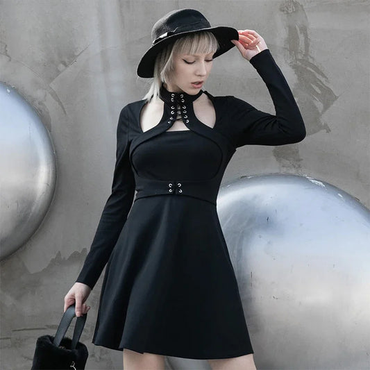 Punk Drawstring Waist Front Chest Opening Dress