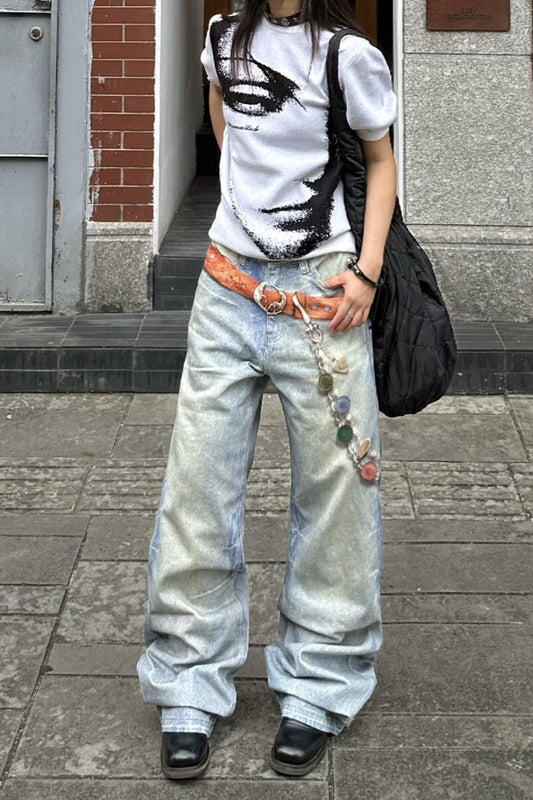 Abstract Face Jacquard Short Sleeve Knit T-Shirt