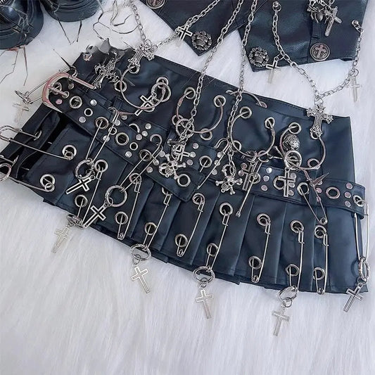 Round Cross Stick Synthetic Leather Skirt Black / S