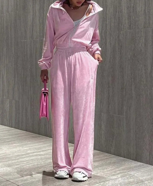 Pink Knitting Zipper Straight Trousers Office Two Piece Set