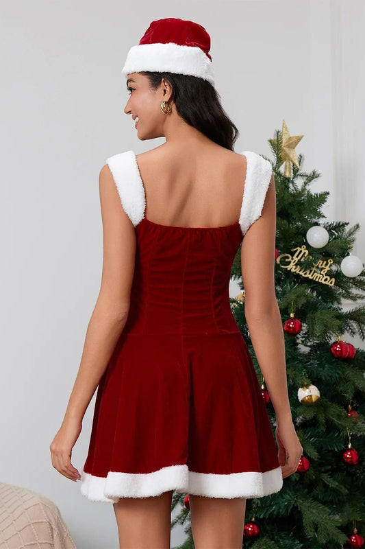 Christmas Fuzzy Spaghetti Strap Sexy Color Block Glitter Party Dress