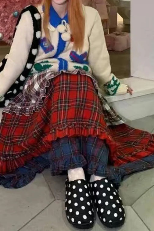 Vintage Color Block Lace Tiered Christmas Skirt