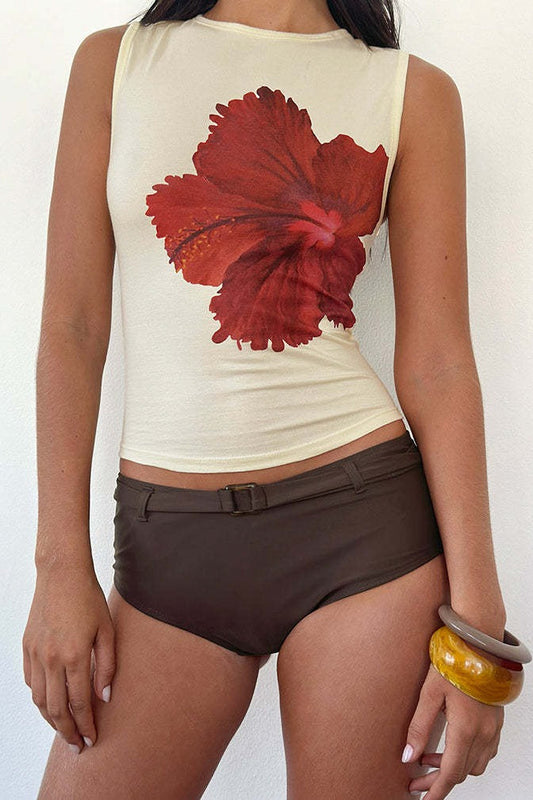 Red Hibiscus Print Cropped Tank Top