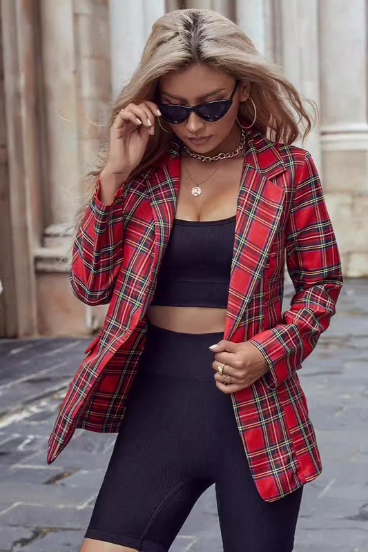Trendy Christmas Red Plaid Blazer Western Christmas Outerwea