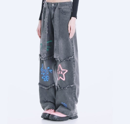 Tall Waist Dark Tassels Denim Pant Dark Grey / S
