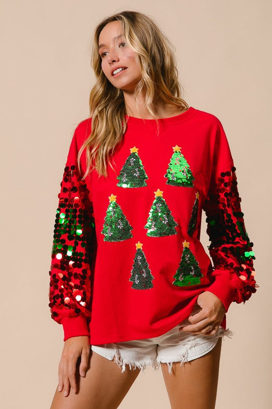 Christmas Sequined Long Sleeve Loose Sweater Red / S