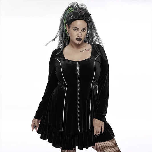 Gothic 3D Chains Long Sleeve Velvet Drawstring Dress