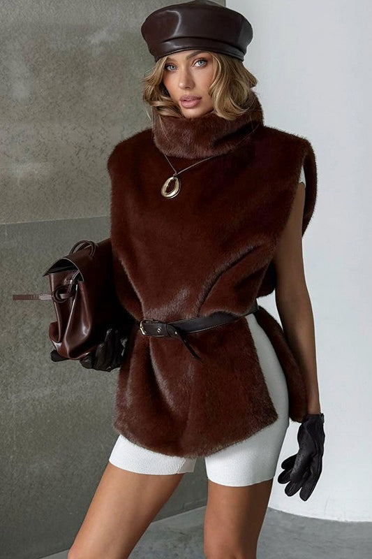 Solid Turtleneck Fuzzy Sleeveless Vest