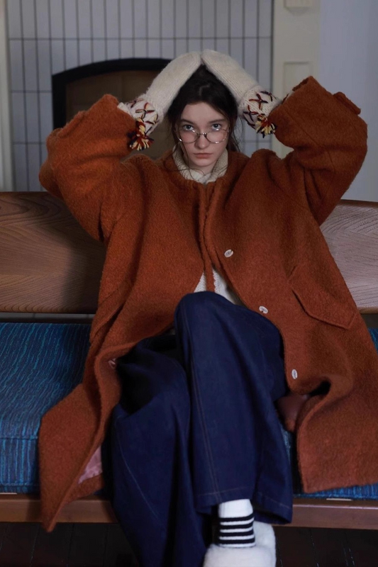 Bow Tie Waist Loose Slim Wool Blend Christmas Outerwear