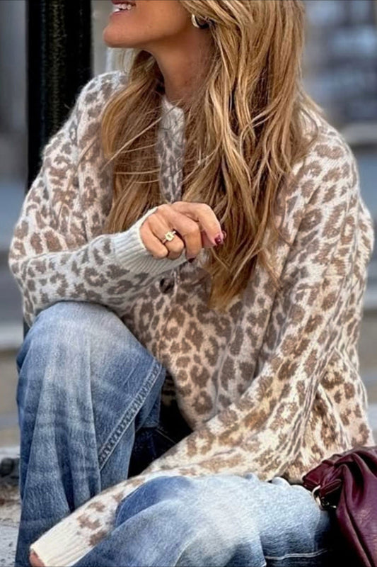 Leopard Print Crew Neck Cardigan