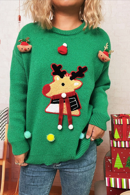 Christmas Cartoon Deer Knit Crew Patchwork Sweater