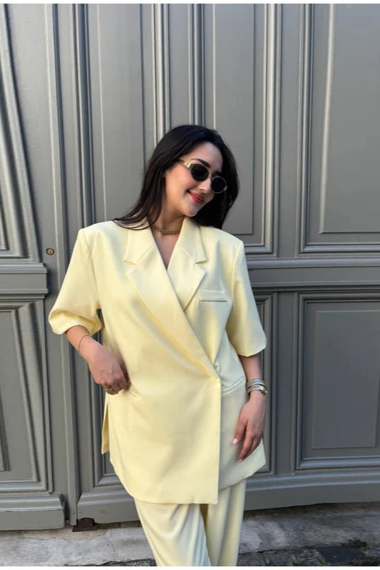 Yellow Lapel Short Sleeve Blazer