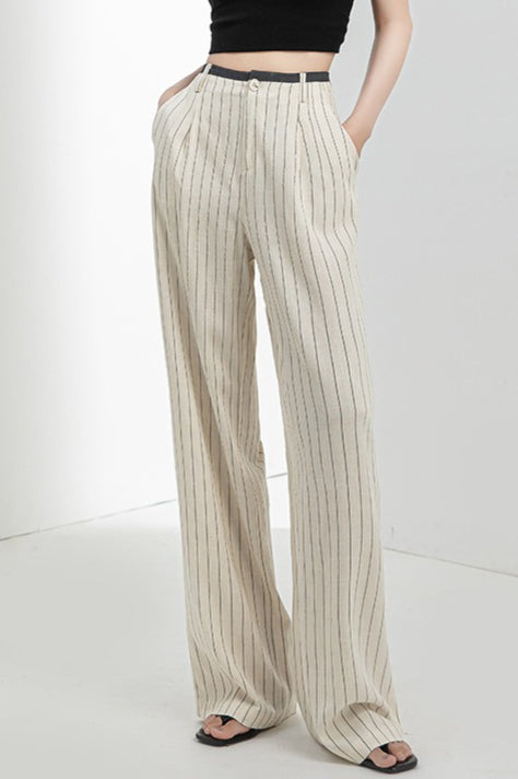 Linen High Waist Stripe Narrow Wide Leg Pants