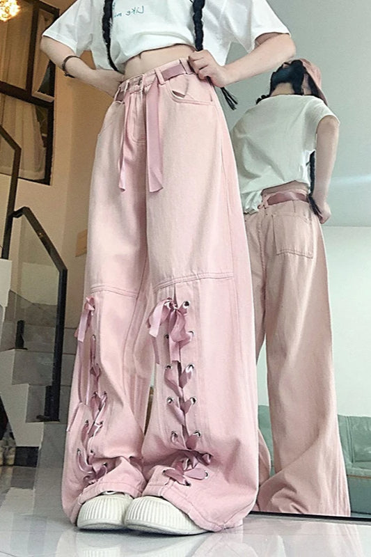 Pink Bow Tie Wide Leg Cargo Jeans