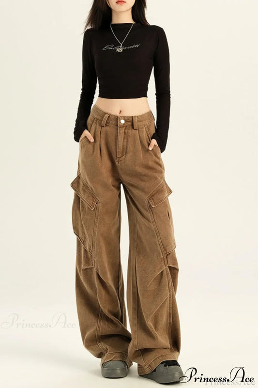 Denim Loose Wide Leg Flattering Cargo Pants Brown / XS