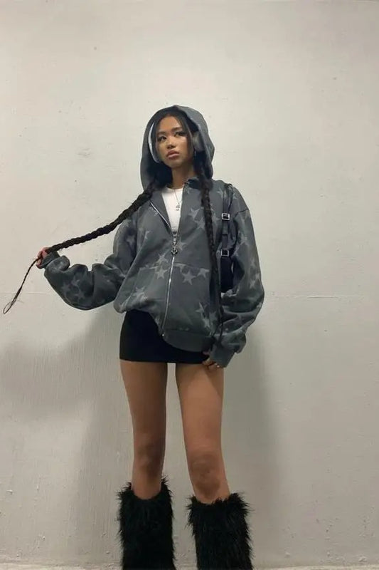 Star Print Zip Up Hoodie