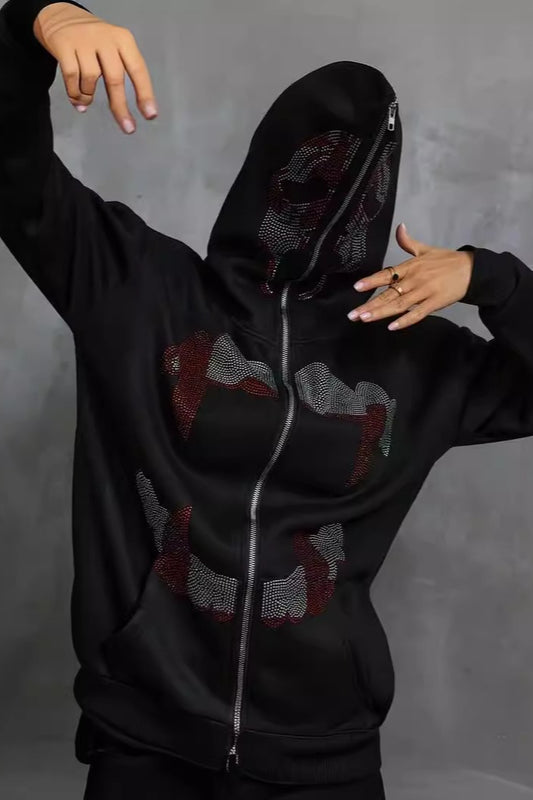 Rhinestone Zip Up Gothic Hoodie