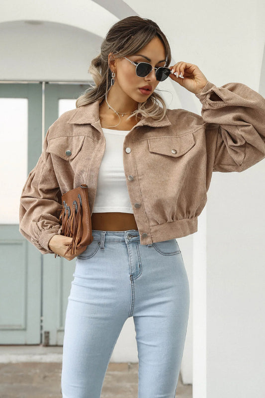 Corduroy Cropped Lantern Sleeve Jacket