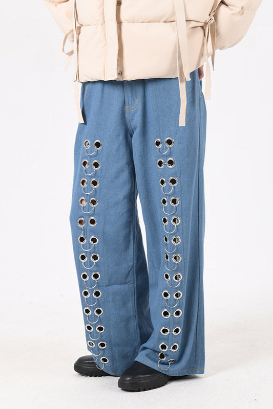 Metal Hole Hollow Out Straight Jeans