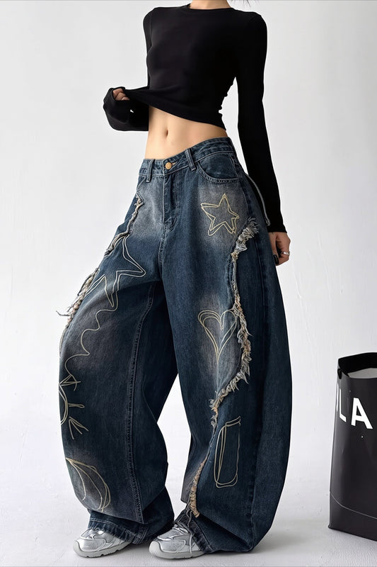 Distressed High Rise Barrel Leg Jeans
