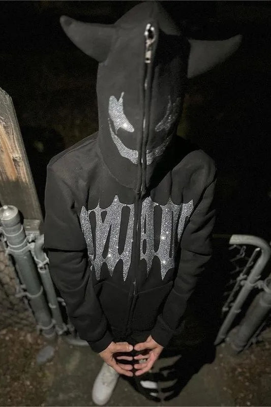 Rhinestone Zipper Oversized Hoodie