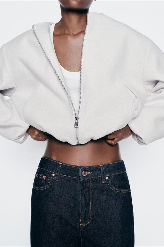 Faux Wool Short Zip Bomber Jacket