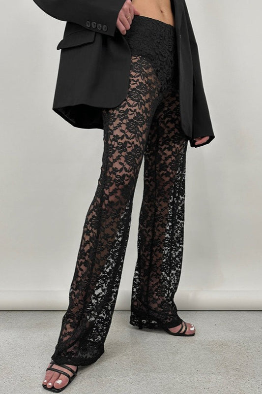 Lace Cutout Paneled High-Rise Straight Pants
