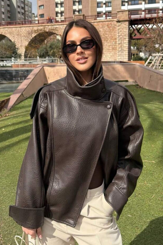 Oversized Stand Collar Faux Leather Jacket