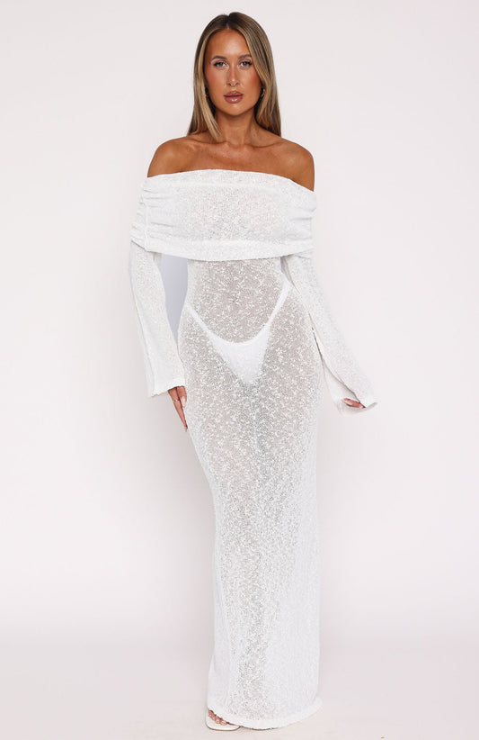 Made It Out Long Sleeve Boucle Maxi Dress White