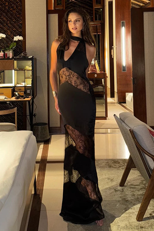 Halloween Lace Backless Halter Dress Black / S