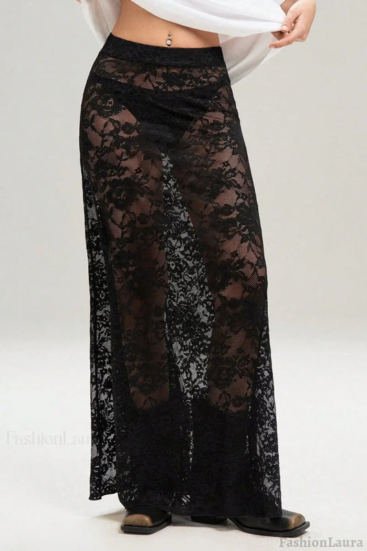 Halloween Sexy Sheer Lace Bodycon Maxi Skirt Black / S