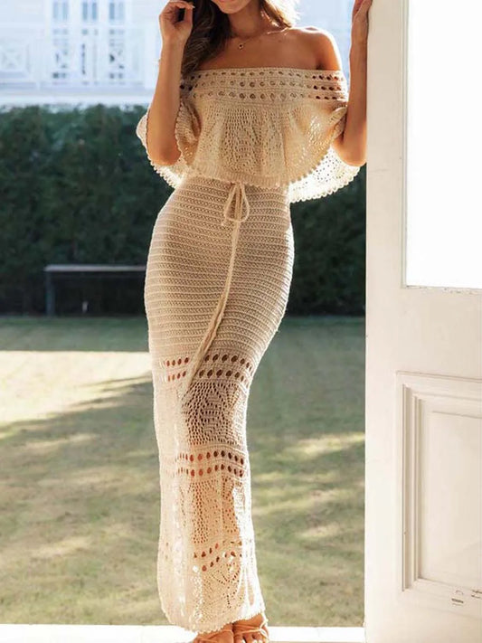 FashionSierra - 2025 Off Shoulder Short Sleeve Hollow Tie-Up Boho Dress