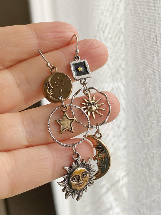 Boho Earrings - Bronze Tassel Sun Moon Asymmetrical