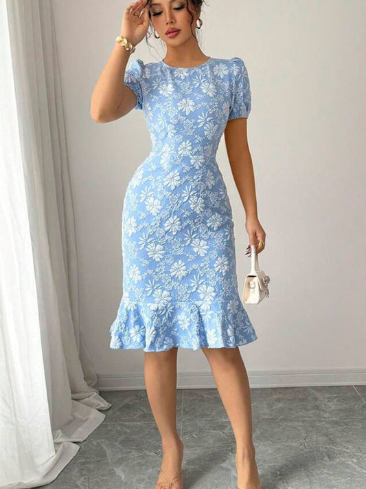 Flattering Slim Fit Flower Textured Puff Sleeves Bodycon Midi Dress