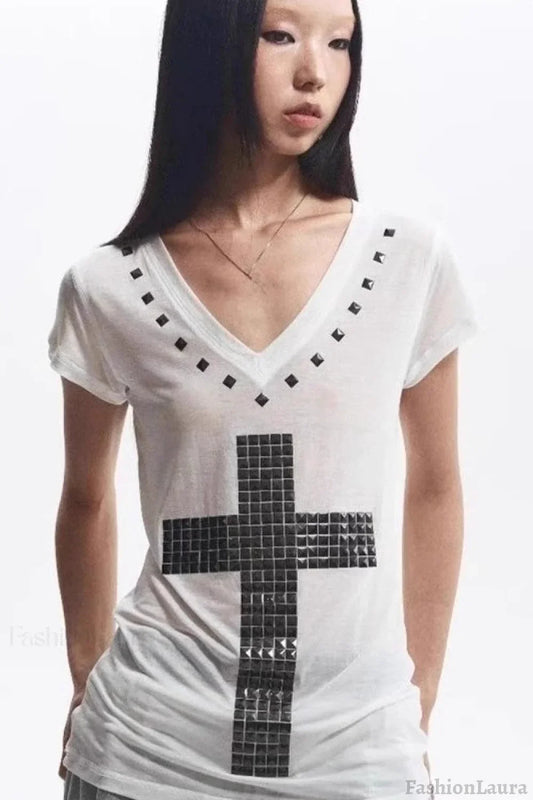 Loose V-Neck Cross Foil T-Shirt White / S