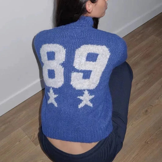 Red Wool Blend Knitted Crochet Letter Lapel Casual Christmas Sweater Blue / S Sweaters-L