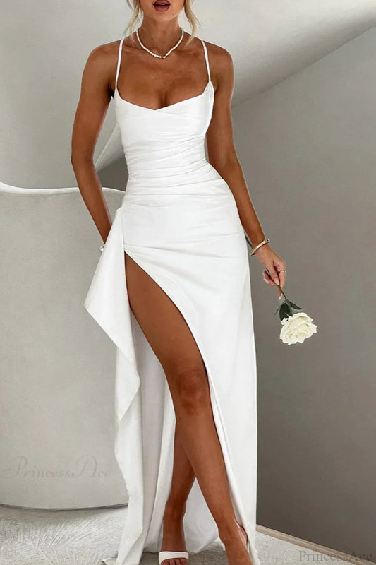 Sexy Solid Spaghetti Strap Back Tie Slit Wedding Dress White / S