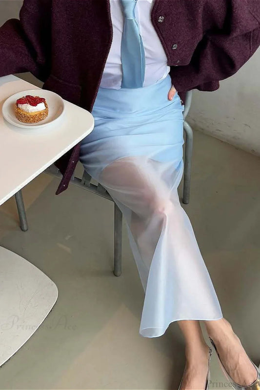 Sheer High Waist Midi Skirt Blue / S