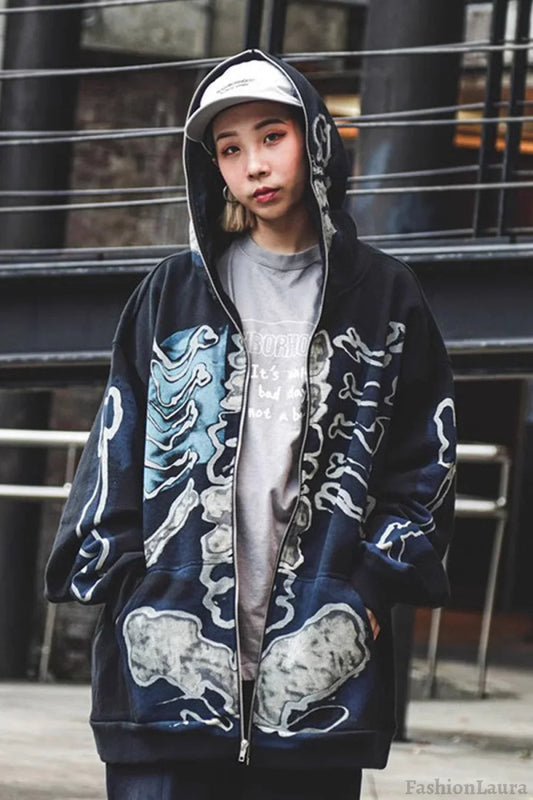 Skull Print Zip Up Hoodie Black / S